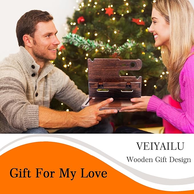Gifts for Men Women Dad Husband Boyfriend Wood Phone Docking Station Nightstand Organizer for Men Birthday Gifts (Dark Brown)