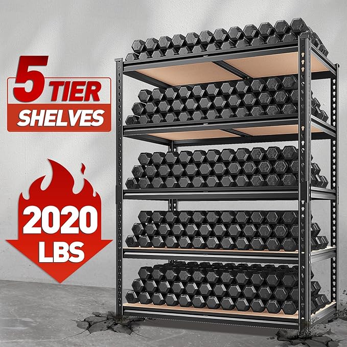 REIBII 2020LBS Storage Shelves 5 Tier Garage Shelving Heavy Duty, Adjustable Metal Shelving Unit, Garage Shelves for Basement, Warehouse, Pantry, Closet, Kitchen 72" H x 35.55" W x 16" D, Black
