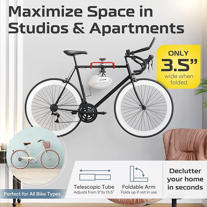 2 Pack Wall Mount Bike Rack Garage - Mountain Bike Wall Mount Horizontal Vertical Design with 66lbs Cap, Screws, Installation Manual - Secure Road Cycling Holder Storage, Bicycle Hanger for Home