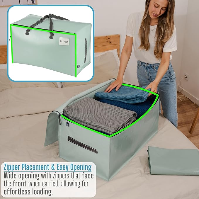 VENO 2 Pack Moving Bags and Large Christmas Decoration Storage Bins with lids. Alternative to Moving Boxes, Packing Supplies for College. Heavy Duty Totes (Shiny Light Green, 2 Pack)