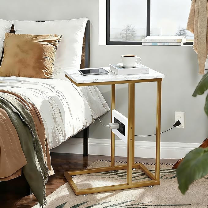 VECELO C Shaped End Side Table with Charging Station & Power Outlets for Couch Sofa/Bed, Snack TV Tray with Metal Frame for Living Room Bedroom 2 PCS, Gold