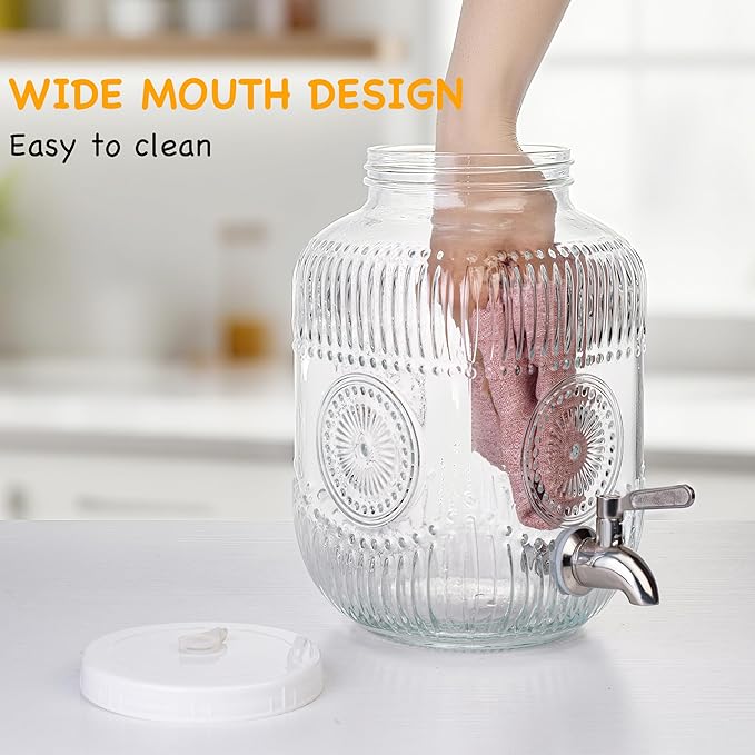 Amzcku 1 Gallon Glass Beverage Dispenser, 18/8 Stainless Steel Spigot and Lid With Ventilation Holes- Glass Drink Dispensers for Parties - Mason Jar Drink Dispensers with Lids