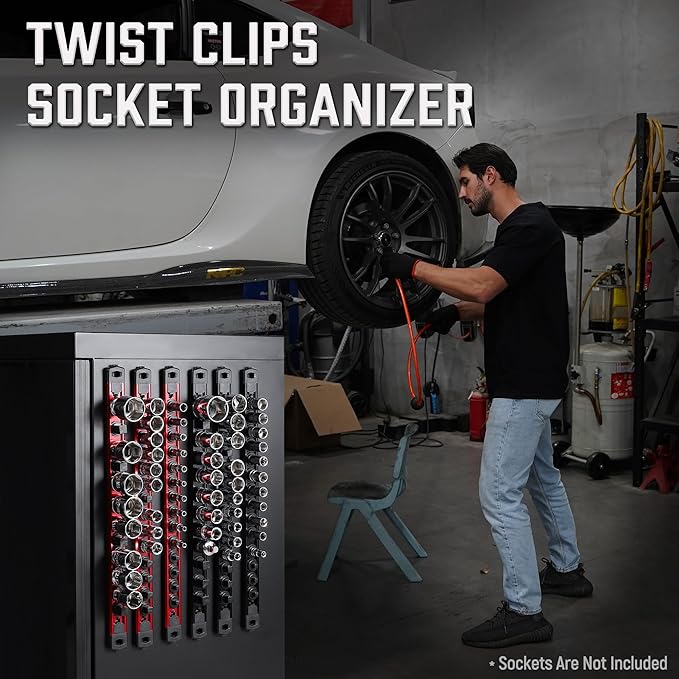 ALOANES 1/4-Inch Drive Magnetic Socket Organizer, Heavy Duty Aluminum Socket Rail Organizer, 360° Swivel Clips Socket Holder Kit for Tool Box, 1/4-Inch Socket Holder x 14 Clips (Red)