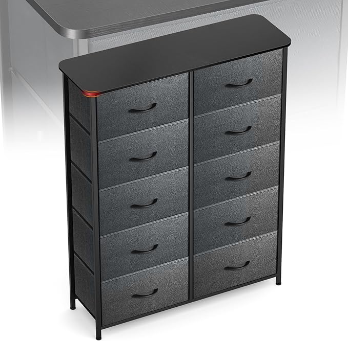 Curved Profile Dresser for Bedroom, Chest of Drawers, 10 Storage Drawers Organizer Unit, Brown Dresser with Fabric Bins for Closet, Living Room, Kid Room (Grey and Charcoal Black)