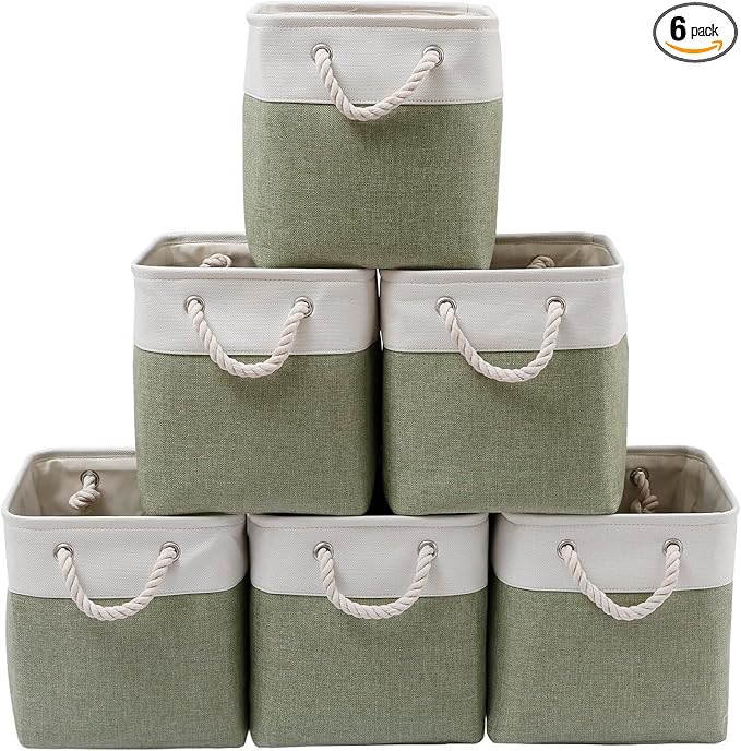 Fabric Storage Cubes, 11 inch cube storage bin with Handles, 11x11cube storage organizer bins, Collapsible Storage Bins for Shelves and Home, Cubby Storage Bins (white-green, 10.5x10.5x11in)