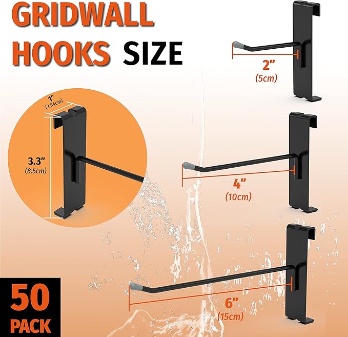 HUHOLE Gridwall Hooks 2 Inch, 50PC Display Hooks for Grid Wall, Hook for Grid Wall Panel, Black