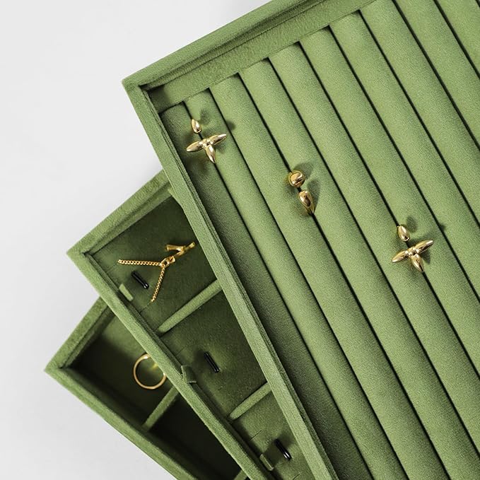 Velvet Ring Display Tray, Stackable Muilt Slot Rings Ear Stud Storage Tray, Drawer Insert Jewelry Accessories Organizers Plate (Olive Green)