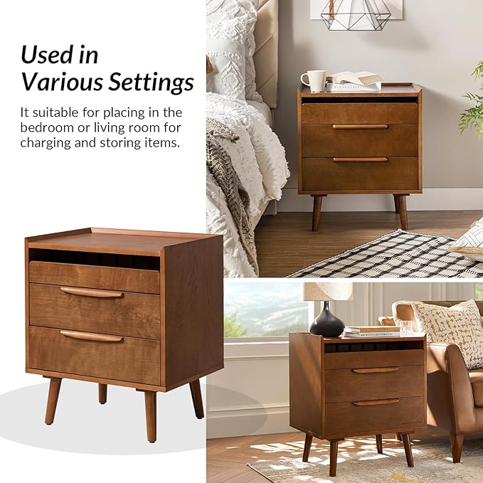 HULALA HOME Nightstand with Charging Station, Mid-Century Modern 2 Drawer and Open Shelf Bedside Tables, Wood Night Stand with USB Ports and Outlets for Bedroom, Acorn
