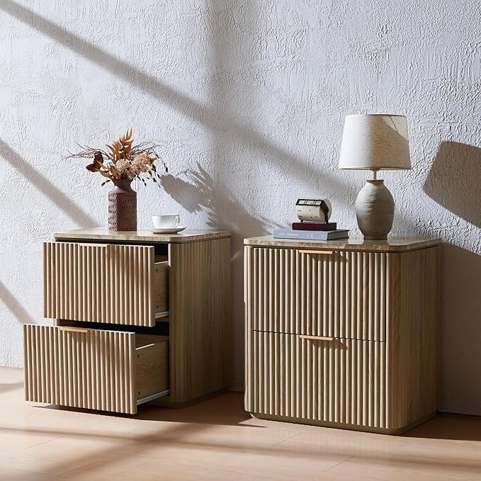 Fluted Nightstand Set of 2, Bedside Table with 2 Drawers, Engineered Wood End Table with Faux Marble-Top, Curved Corners, Metal Handle, Modern Night Stand for Bedroom, Small Spaces, Natural Oak