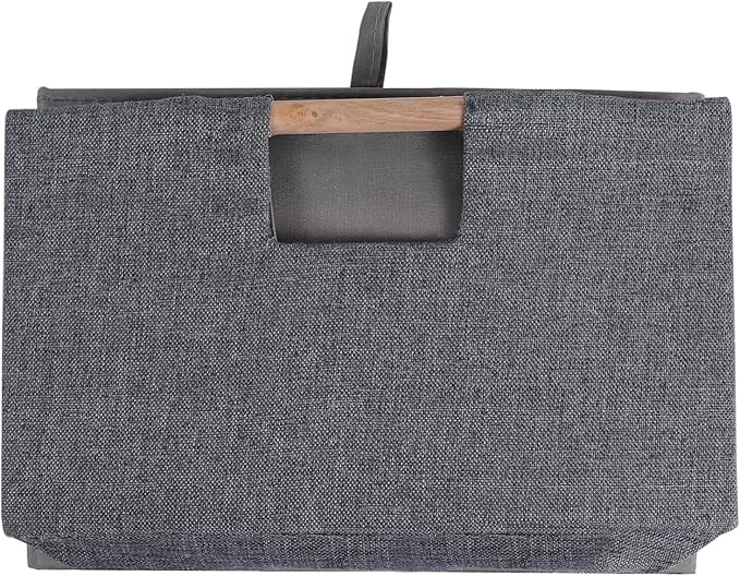Fabric Storage Bin 3 Pack Foldable Cotton Linen Storage Basket with Wooden Handles Rectangular Cube Box - Gray, Large