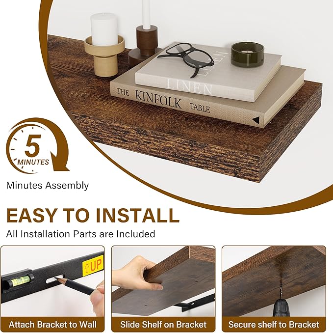 40 Inch Floating Shelves Set of 2, 8 Inch Deep Wall Shelf, Rustic Wood Storage Shelves for Bedroom, Kitchen, Bathroom, Wall-Mounted Shelf with Invisible Brackets for Books|Storage, Rustic Brown