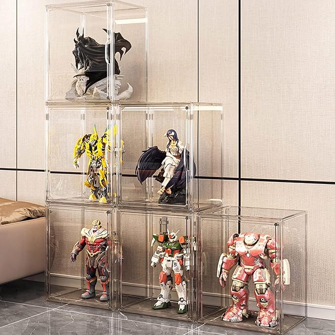 Clear Stackable Plastic Storage Bins with Magnetic Lid, Dustproof Book & Cosmetic Display Cases, Large Figures Collectibles Showcase, Shoe Box, Protection Organizer (Clear-L-3 Pack)