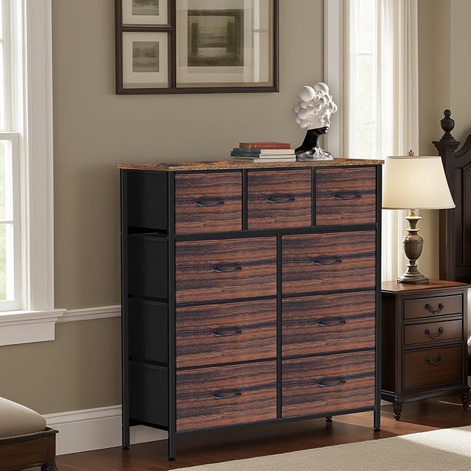 Dresser for Bedroom with 9 Drawers, Chest of Drawers, Storage Drawers Organizer Unit, Black Wide Fabric Dresser with Fabric Bins for Closet, Living Room, Entryway (Brown and Rustic Brown)