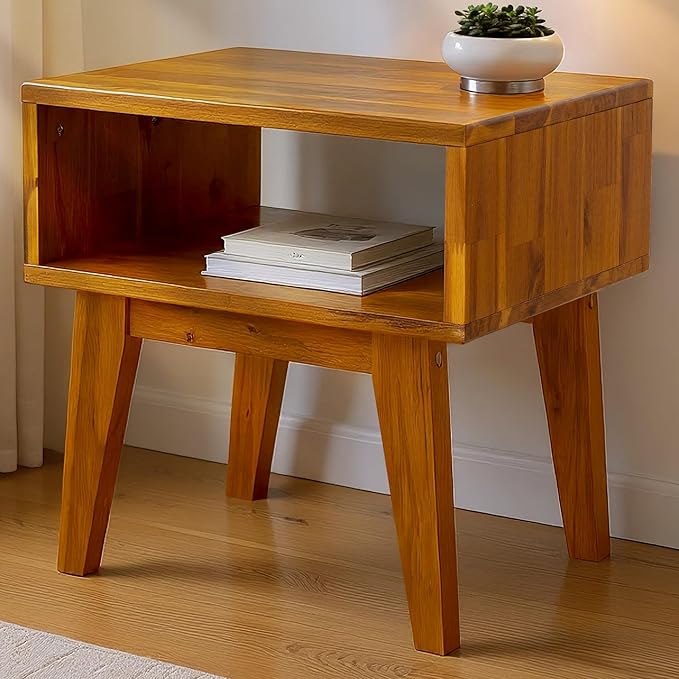 Acacia Serena Nightstand Solid Wood Nightstand with Open Storage Shelf, Wood Bedside Table, Night Stands for Bedroom - Caramel
