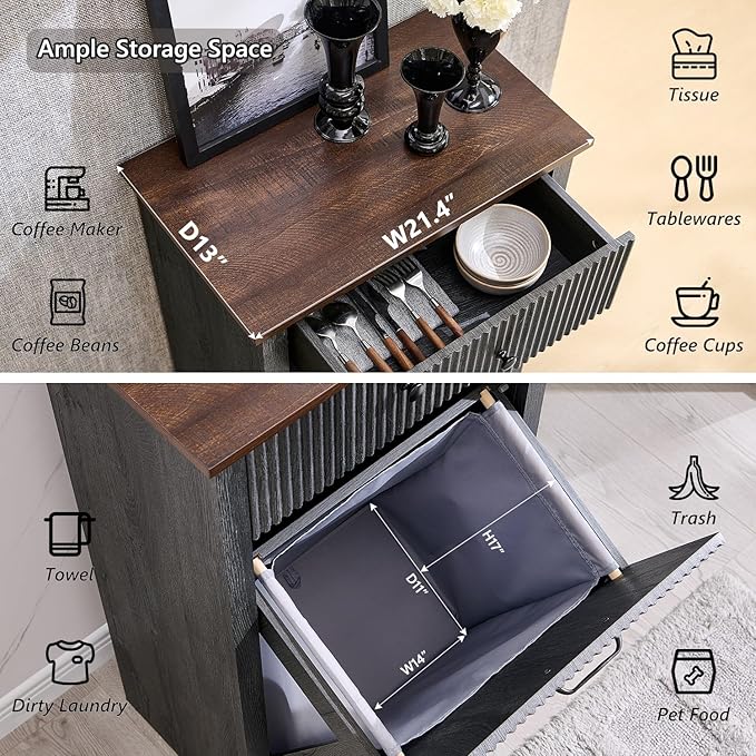 Modern Tilt-Out Laundry Hamper Cabinet, 10 Gallon Fluted Trash Can Cabinet with Drawer, Wooden Hidden Garbage Can Cabinets with Laundry Basket, Free Standing for Bathroom and Kitchen, Grey
