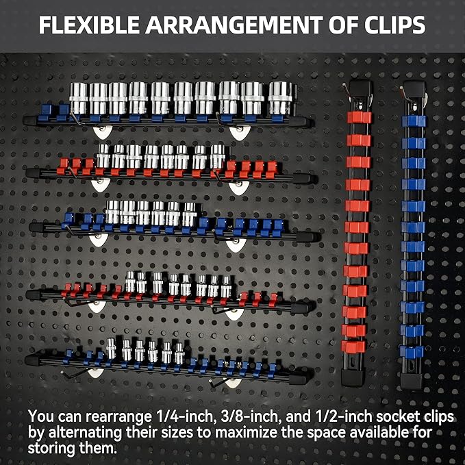 Socket Organizer Drive ABS Tools - Red Socket Holder, Premium Quality 9 Pieces Socket Holders Kit 1/4-Inch x 48 Clips, 3/8-Inch x 45 Clips, 1/2-Inch x 36 Clips