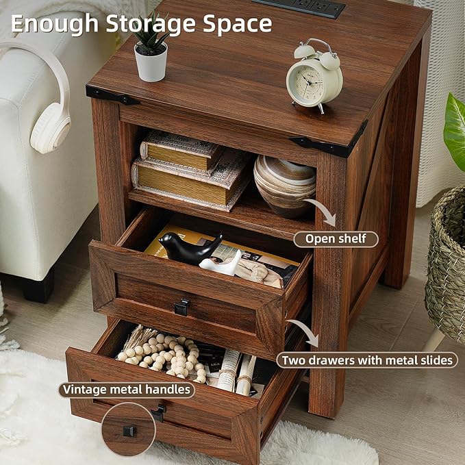 Nightstands Set of 2 with Charging Station, Farmhouse Side End Table with 2 Drawers and Open Shelf, Wood Rustic Sofa Table, Bedside Cabinet for Bedroom, Living Room, Closet, Office(Brown)