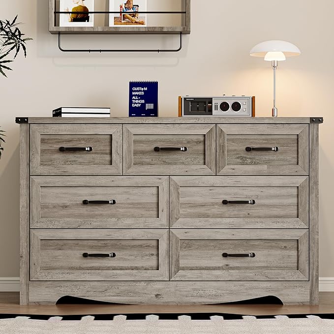 7-Drawer Dresser for Bedroom, Modern Wooden Chest of Drawers with Metal Handles, Anti-Tipping Design, Sturdy and Stable Storage Organizer for Living Room, Entryway, Home Office
