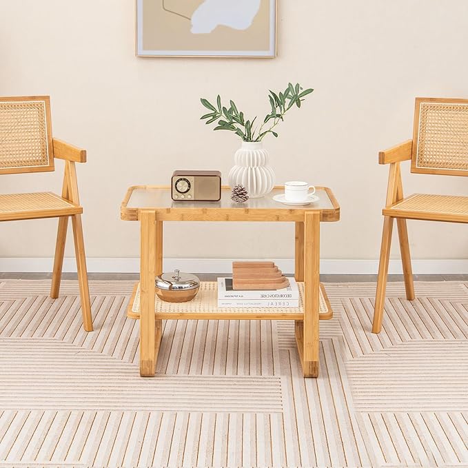 GOFLAME Bamboo Side Table with Glass Top, 2-Tier End Table with PE Rattan Storage Shelf, Home Sofa Side Table, Nightstand Bedside Table, Compact Coffee Table, Accent Table for Bedroom Living Room