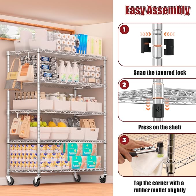 PrimeZone 5 Tier 48" Wx24''Dx81''H Wire Shelving with Wheels 3000lbs NSF Certified Storage Shelves Heavy Duty Metal Shelf Adjustable Rolling Rack Commercial Garage Restaurant Warehouse Kitchen Chrome