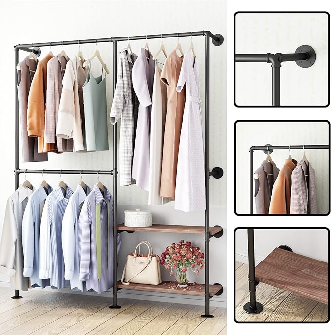 Industrial Pipe Clothes Racks with Black Shelves, Industrial Pipe Black Clothing Rack with Double Hanging Rods, Heavy Duty Wall Mounted Clothing Rack Rod for Closet Storage, Bedroom