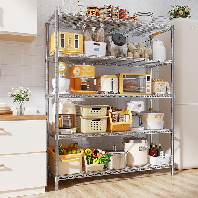 Storage Shelves, 4 PCS 48" L x 20" W x 72" H Heavy Duty Garage Wire Shelving Unit Loads 2000LBS, 5-Tier Adjustable Metal Industrial Utility Shelf Rack for Kitchen, Laundry Room, Basement