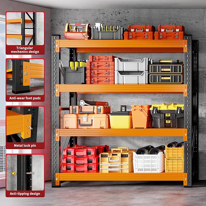 4000LBS Garage Shelving 48" W Garage Shelving Heavy Duty 4-Tier Metal Storage Shelves Adjustable Shelf Unit Storage Rack for Basement Supermarket Warehouse 48" W x 20" D x 78" H Black-Orange