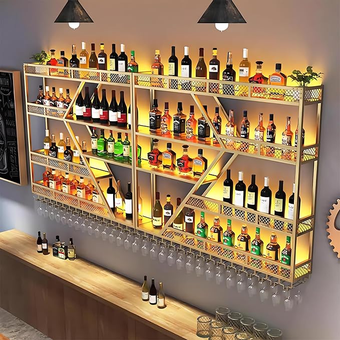 79in Metal Wine Rack Wall Mounted, Modern Wine Storage Rack Wall Mounted with Wine Glass Holder, Liquor Shelf, Bar Shelves for Liquor Bottles (4 Tiers Gold, 79 * 7.87 * 48.5INCH)