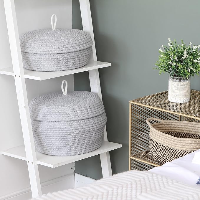 Sea Team Round Cotton Rope Storage Basket with Lid, Decorative Woven Storage Bin, Pot, Caddy, Organizer, Container for Snacks, Towels, Plants, 13 x 9 Inches (Large, Grey)