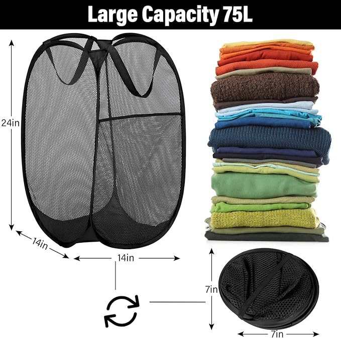 BATTOO Deluxe Strong Mesh Pop up Laundry Hamper Basket with Side Pocket for Laundry Room, Bathroom, Kids Room, College Dorm or Travel 2 Pack Black