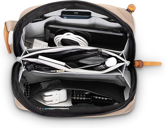 Tech Bag Organizer - Small Electronics Organizer Pouch for Travel - Premium Travel Case with Leather Accents - Mesh Pocket for Cables, Cords and Chargers (Tan)