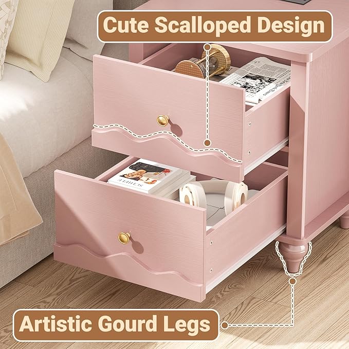 Cyclysio Nightstand Set of 2 with Charging Station, Side End Table with 2 Drawers, Modern Wood Night Stand Set 2 with Scalloped Pattern for Bedroom, Bedside Night Tables with Solid Wood Gourd Legs