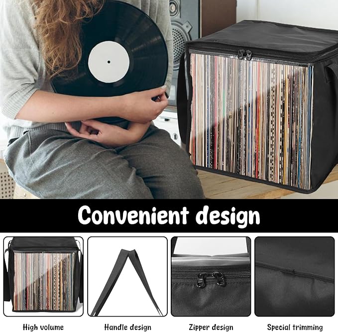 1/4 Pcs Vinyl Record Storage Box with Lid and Handles, Oxford Cloth Record Album Storage Crate, Foldable and Stackable Record Organizer Storage Case for Collecting Valuable Album (4PCS)