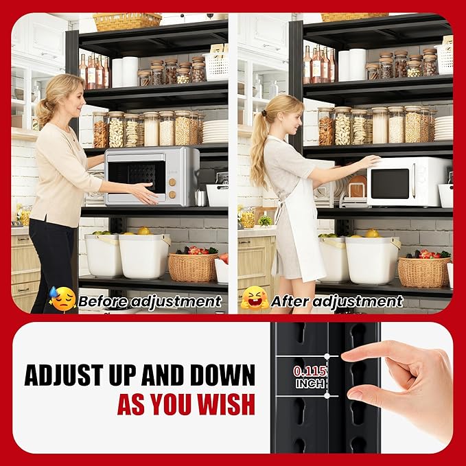 72" H Garage Shelving, Metal Storage Shelves, Adjustable 5 Tier Storage Rack, Heavy Duty Shelving, Industrial Utility Shelf for Garage, Warehouse, Bedroom, Kitchen, 24" D×48" W×72" H, Black