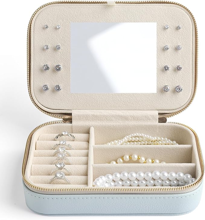 Genuine Leather Travel Jewelry Organizer Case with Mirror for Women, Small Mini Portable Jewelry Box for Ring Earrings Necklace Bracelet Luxury Gift for Women（Beige）