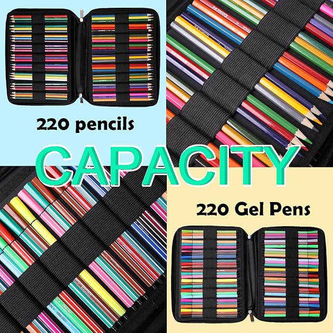 JAKAGO 220 Slots Colored Pencil Case Large Capacity Pen Holder for Artist Painter Zipper Organizer Bag for Marker Highlighter Storage Case for Office Sketch Travel Supplies (Cactus)