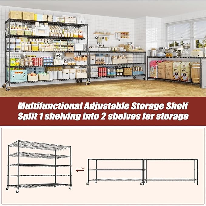 PrimeZone 5 Tier 80.7" H x 55.5" W x 24" D Wire Shelving with Wheels 3000lbs NSF Certified Storage Shelves Heavy Duty Metal Shelf Adjustable Rolling Rack Commercial Garage Restaurant Warehouse 8Pack