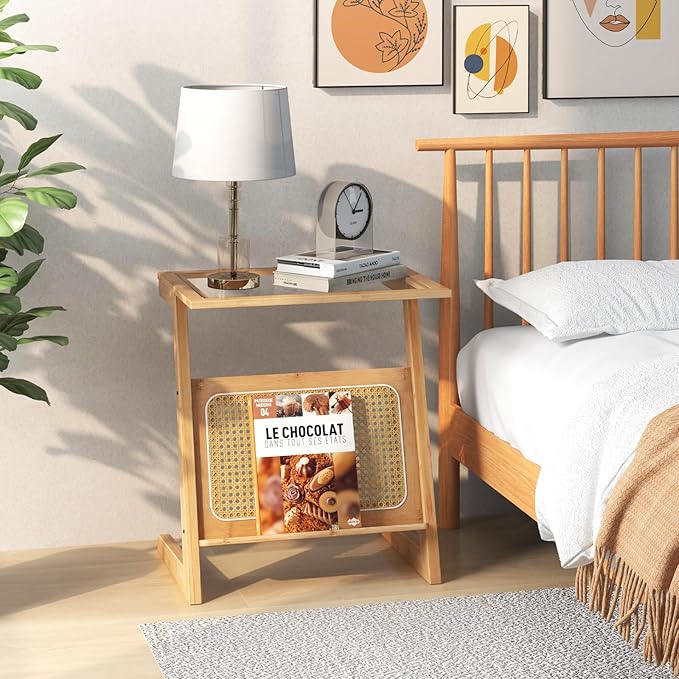 GOFLAME Rattan Side Table Set of 2, Z-Shaped End Table with Magazine Rack, Bamboo Sofa Side Accent Table with Glass Top, Small Boho Nightstand, Bedside Table for Small Space, Living Room, Bedroom