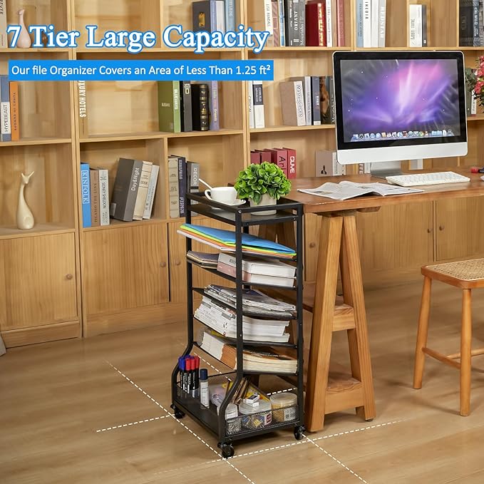 7 Tier Rolling File Cart with Sliding Trays, Wood Metal File Organizer Beside Desk, Free-Standing File Holder, Paper Letter Tray Organizer Mesh Desk Organizer for Home Office School (Patent)