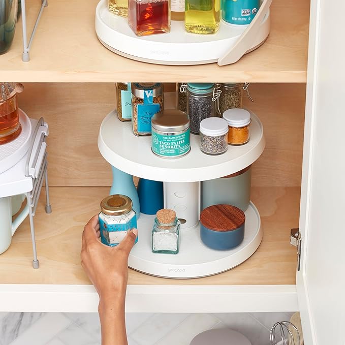YouCopia Crazy Susan Two-Tier Turntable, Height-Adjustable Lazy Susan Organizer for Kitchen Cabinet and Pantry Organization and Storage, White