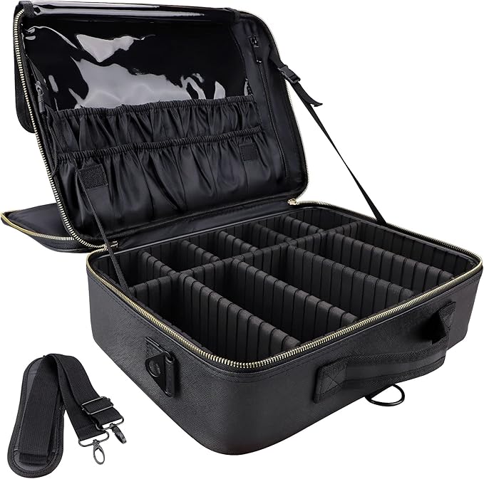 JOURMON Travel Makeup Train Case,Large Capacity Cosmetic Bags for Women,Portable Makeup Bag Organizer with Adjustable Dividers & Shoulder Strap(Black, L)
