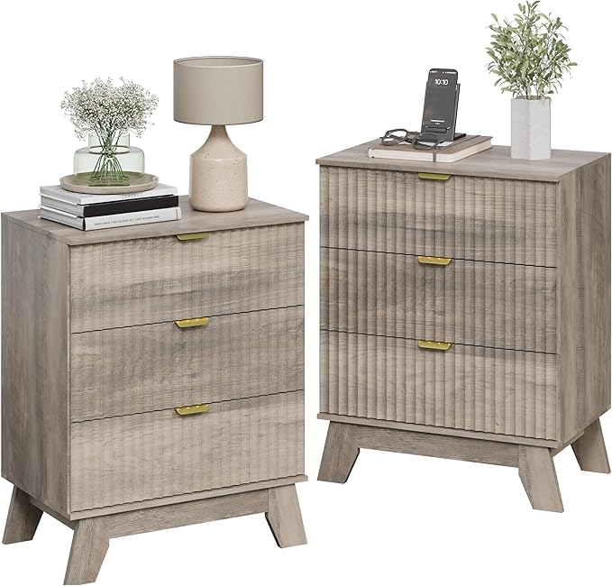 Grey Night Stand with 3 Drawers, Bedside Table & End Table, 24" Wide Mid Century Modern Fluted Wood Nightstand with Metal Handles, Farmhouse Night Stands for Bedroom, Gray