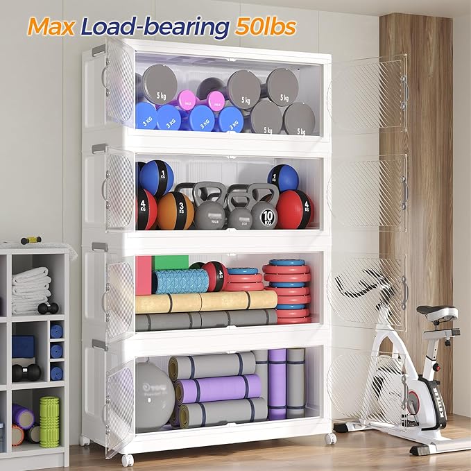 480QT Extra Large Stackable Storage Bins with Lid & Wheels & Doors, 120Gal Foldable Collapsible Closet Organizers, Plastic Cabinet Box Container Drawer for Home Kitchen Bedroom, 4Pack White