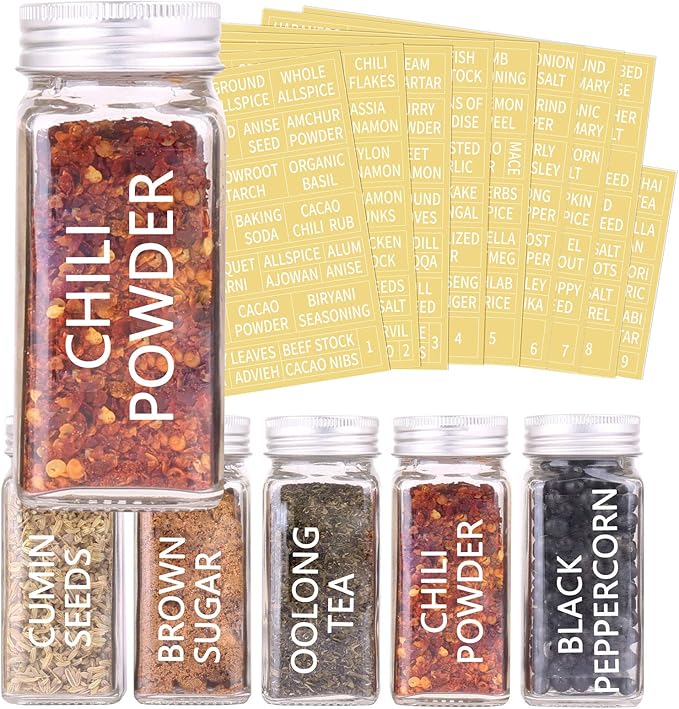 SWOMMOLY 30 Glass Spice Jars 4oz/Square Spice Bottles with 703 Spice Labels, Empty Spice Containers with Pour/sift Shaker Lid, Airtight Cap, Chalk Marker and Funnel Complete Set