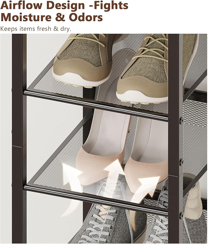 6 Tiers Vertical Shoe Rack, Corner Shoe Storage Organizer, Narrow Shoe Tower for 6 Pairs, Space Saving Sturdy Metal Shoe Shelf, Adjustable, Freestanding, for Entryway, Hallway, Living Room, Bedroom
