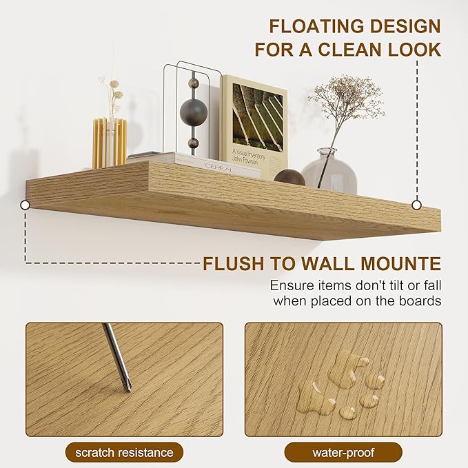 Fun Memories 55 Inch Floating Shelves for Wall 2 Pack Shelves for Bedroom|Kitchen|Bathroom Wall Mounted Rustic Wood Floating Shelf with Invisible Brackets for Books|Storage|Decor, Oak