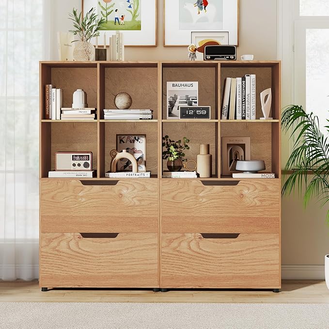 Giantex Bookshelf with 4 Cubes & 2 Drawers, 51” Tall Floor Bookcase with Anti-tip Kits, Freestanding Display Rack Storage Organizer for Study, Living Room, Home Office (1, Natural)