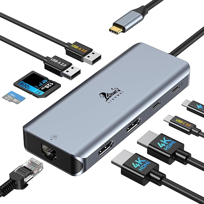 LIONWEI 9 in 1 Laptop Docking Station, Dual HDMI, 100W PD, USB C 3.0, Ethernet, Audio/Mic, USB C Hub for Dell/Surface/HP/Lenovo Laptops