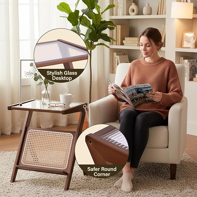 Tiita Rattan Side Table, Mid Century Nightstand, Bamboo Accent Bedside Tables, Glass Coffee Tables, Boho Wooden End Table with Storage for Small Space, Living Room and Bedroom