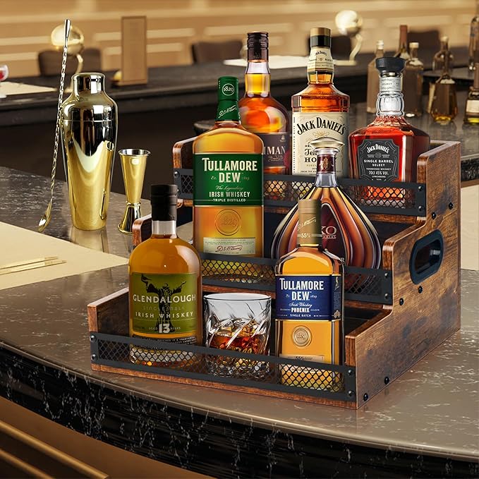 Liquor Bottle Display Shelf, Coffee Syrup Rack Organizer, 2 Pack 3 Step Countertop Liquor Wine Rack, Coffee Station Organizer with Fences & Handles, Home Retro Bar Shelf Stand for Liquor Whiskey